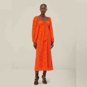 Farmacy Vibrant Orange Lace Midi Dress with Puff Sleeves